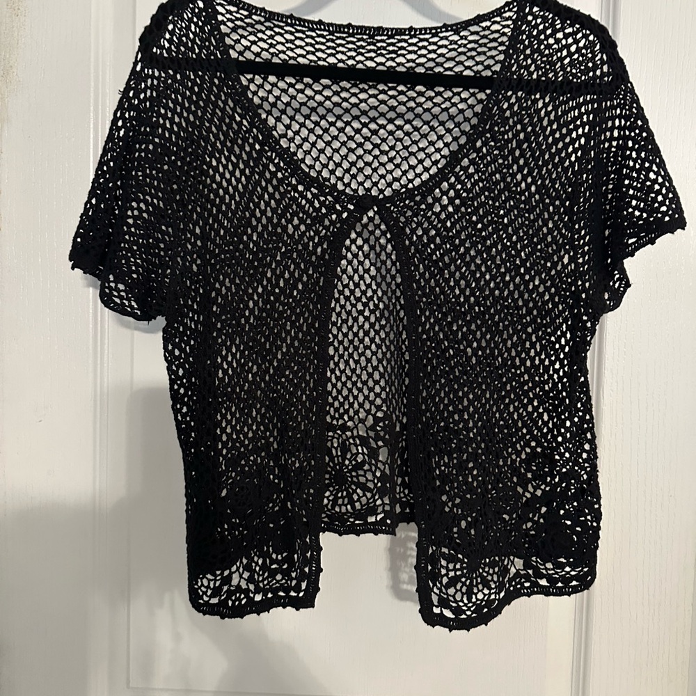 Black Crochet Open-Front Top